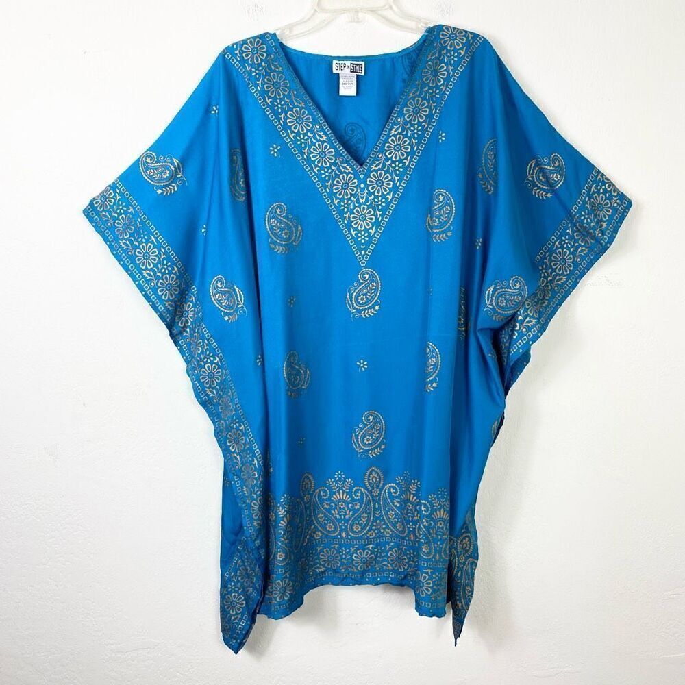 Step in Style Blue & Gold Paisley Floral Printed Kaftan Tunic Top One Size